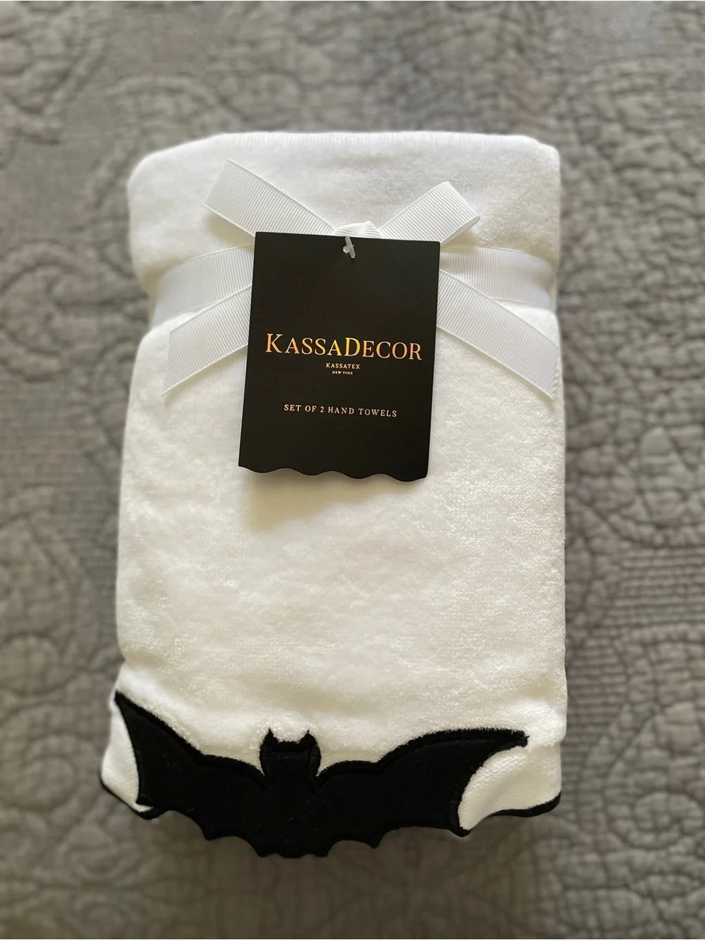 White Hand Towels with Black Bat Trim - Set of 2